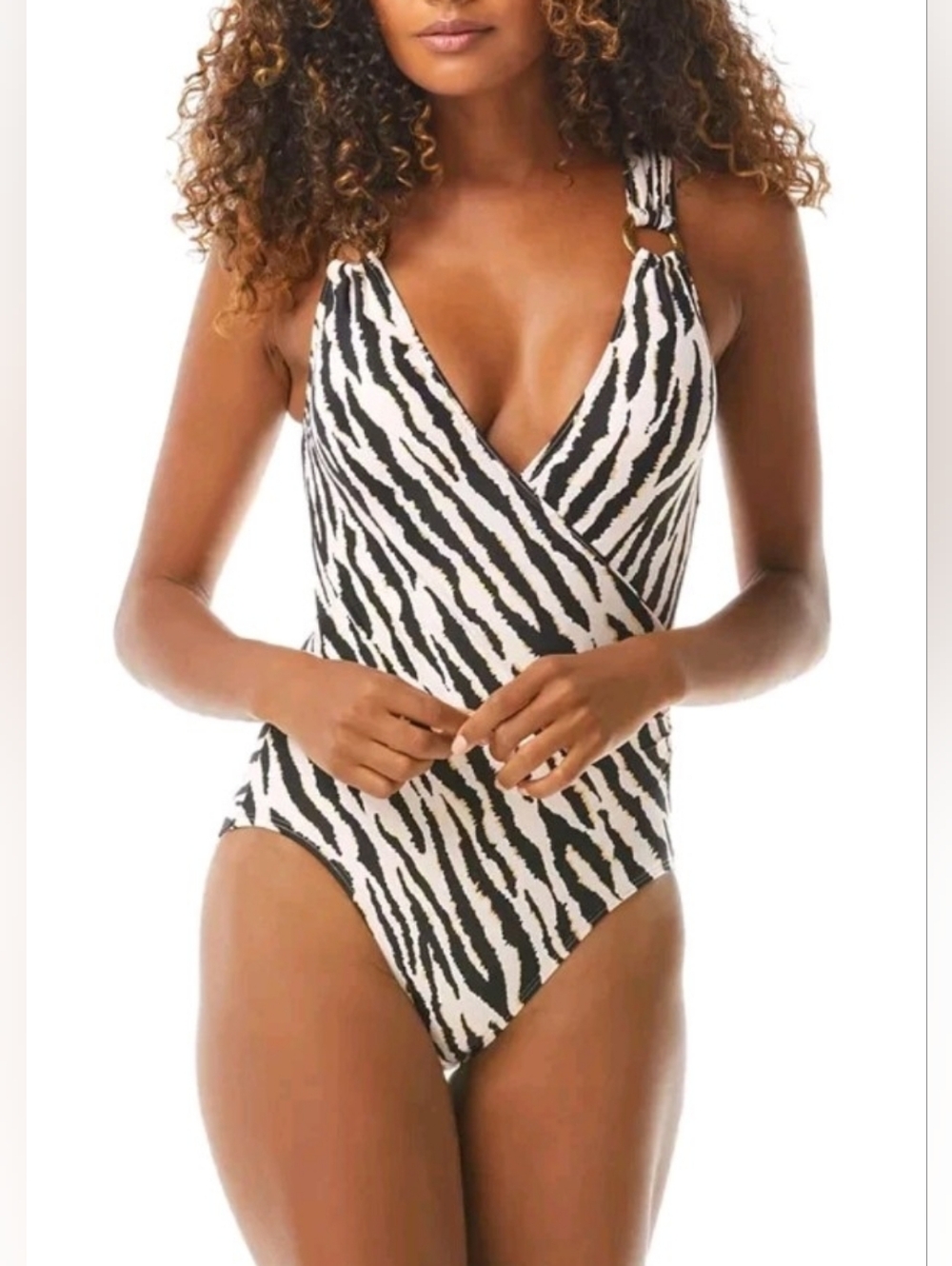 Carmen Marc Valvo Women Swimwear Zebra Surplice One Piece  Beige/Black Sz.4
